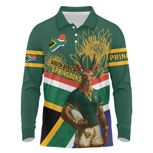 Custom South Africa Rugby Long Sleeve Polo Shirt 2024 Go Springboks Mascot African Pattern