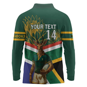 Custom South Africa Rugby Long Sleeve Polo Shirt 2024 Go Springboks Mascot African Pattern