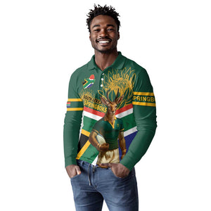 Custom South Africa Rugby Long Sleeve Polo Shirt 2024 Go Springboks Mascot African Pattern