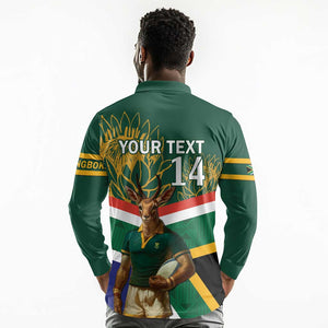 Custom South Africa Rugby Long Sleeve Polo Shirt 2024 Go Springboks Mascot African Pattern