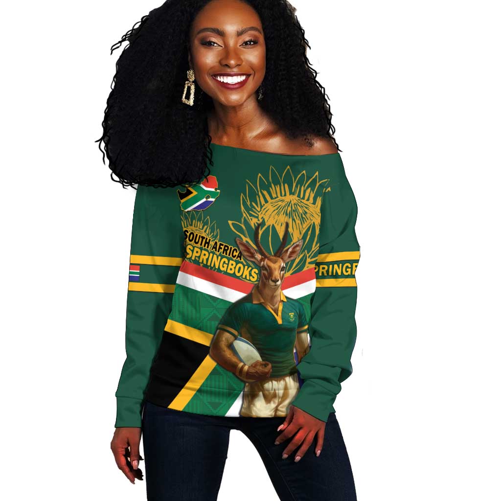 Custom South Africa Rugby Off Shoulder Sweater 2024 Go Springboks Mascot African Pattern