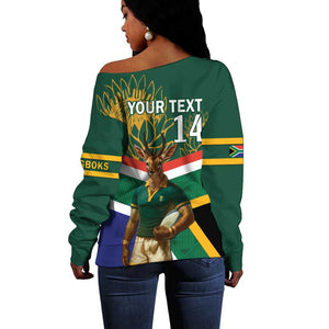 Custom South Africa Rugby Off Shoulder Sweater 2024 Go Springboks Mascot African Pattern