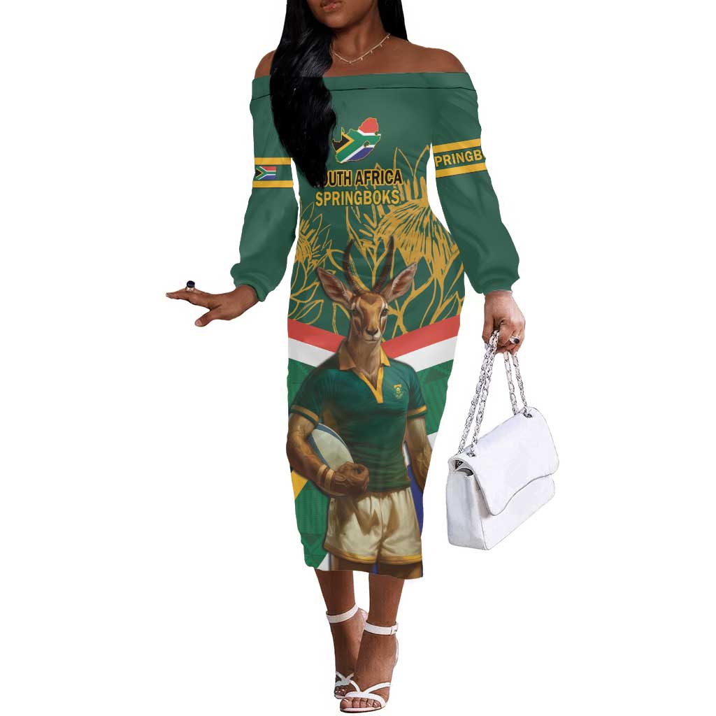 Custom South Africa Rugby Off The Shoulder Long Sleeve Dress 2024 Go Springboks Mascot African Pattern