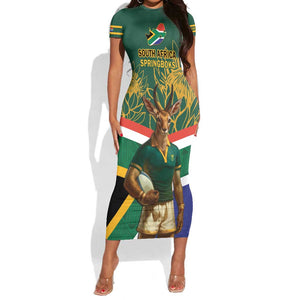 Custom South Africa Rugby Short Sleeve Bodycon Dress 2024 Go Springboks Mascot African Pattern