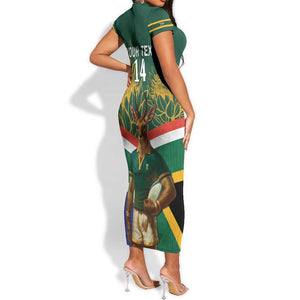 Custom South Africa Rugby Short Sleeve Bodycon Dress 2024 Go Springboks Mascot African Pattern