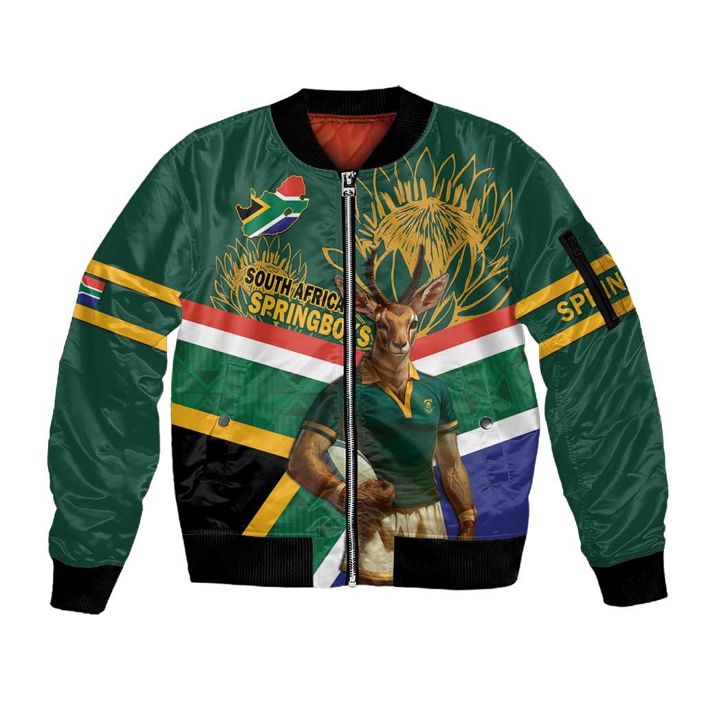 Custom South Africa Rugby Sleeve Zip Bomber Jacket 2024 Go Springboks Mascot African Pattern