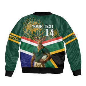 Custom South Africa Rugby Sleeve Zip Bomber Jacket 2024 Go Springboks Mascot African Pattern