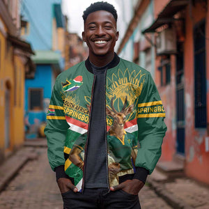 Custom South Africa Rugby Sleeve Zip Bomber Jacket 2024 Go Springboks Mascot African Pattern