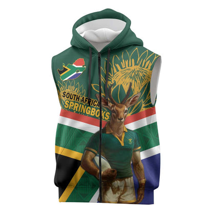 Custom South Africa Rugby Sleeveless Zip Hoodie 2024 Go Springboks Mascot African Pattern - African Pride