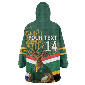 Custom South Africa Rugby Wearable Blanket Hoodie 2024 Go Springboks Mascot African Pattern