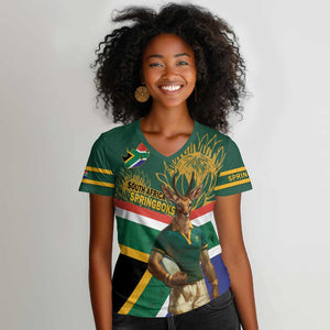 Custom South Africa Rugby Women V-Neck T-Shirt 2024 Go Springboks Mascot African Pattern