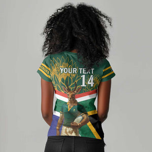 Custom South Africa Rugby Women V-Neck T-Shirt 2024 Go Springboks Mascot African Pattern