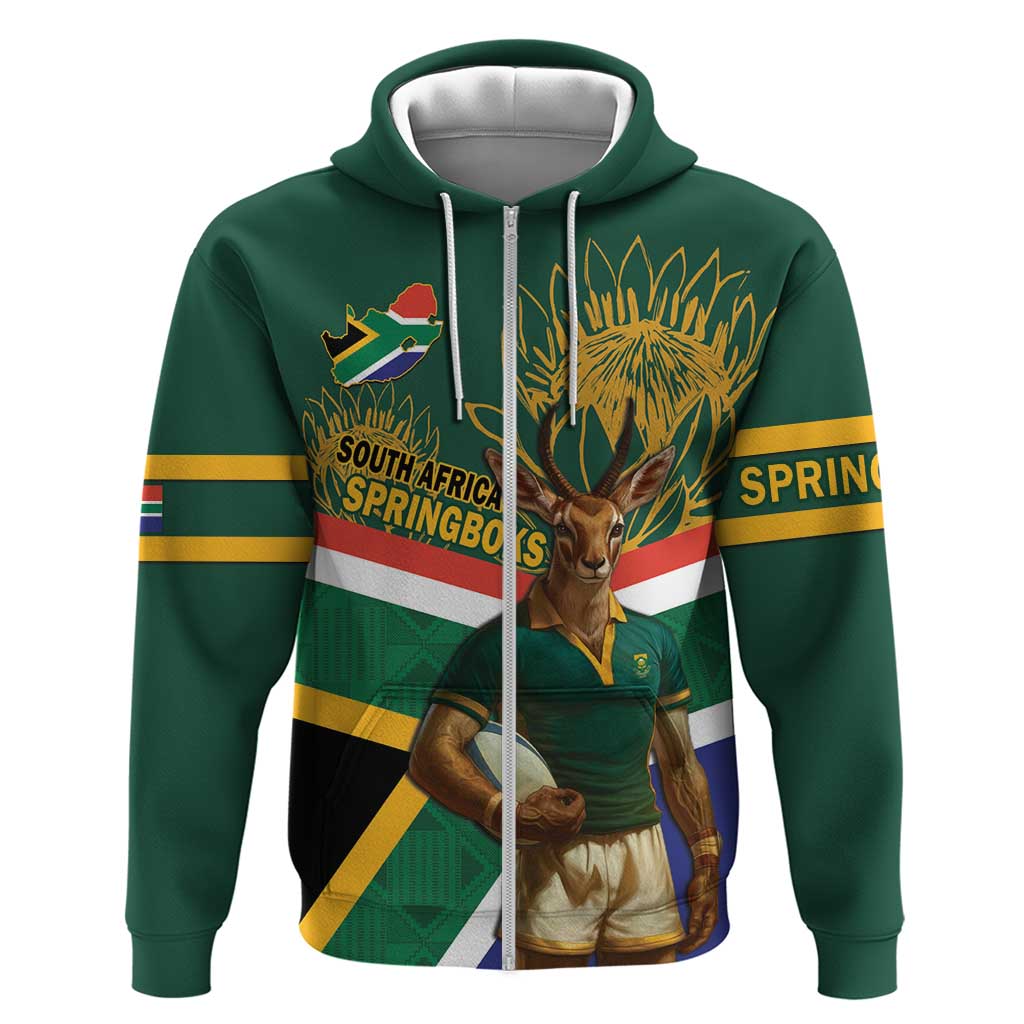 Custom South Africa Rugby Zip Hoodie 2024 Go Springboks Mascot African Pattern