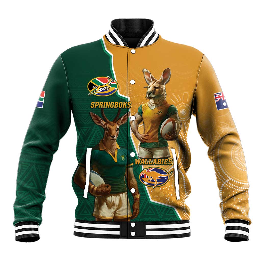 Personalised South Africa And Australia Rugby Baseball Jacket 2024 Springboks Wallabies Mascots Together LT14