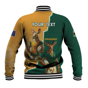 Personalised South Africa And Australia Rugby Baseball Jacket 2024 Springboks Wallabies Mascots Together LT14