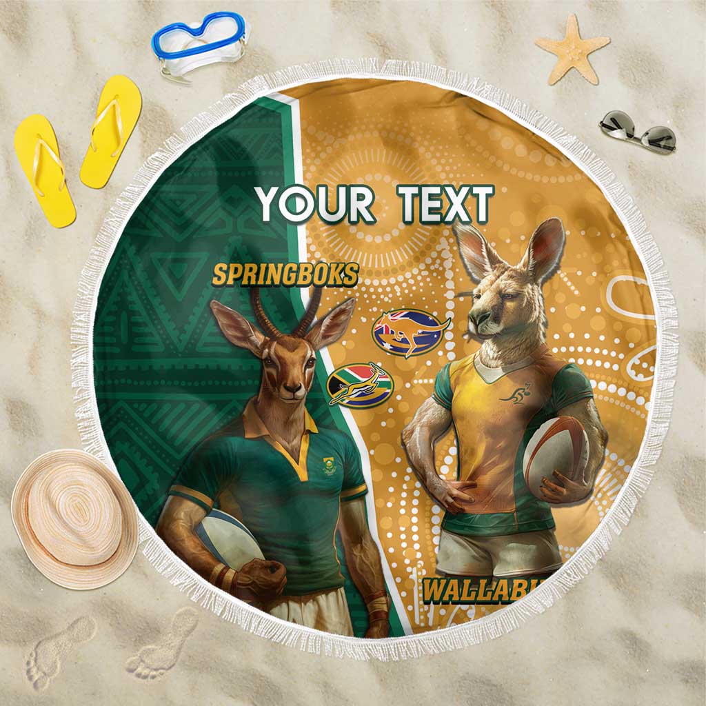 Personalised South Africa And Australia Rugby Beach Blanket 2024 Springboks Wallabies Mascots Together