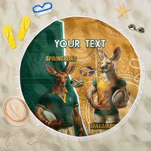 Personalised South Africa And Australia Rugby Beach Blanket 2024 Springboks Wallabies Mascots Together