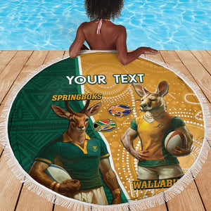 Personalised South Africa And Australia Rugby Beach Blanket 2024 Springboks Wallabies Mascots Together