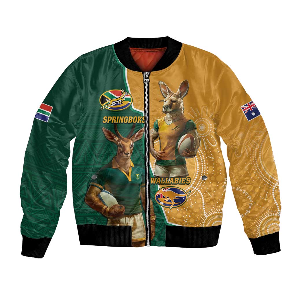 Personalised South Africa And Australia Rugby Bomber Jacket 2024 Springboks Wallabies Mascots Together