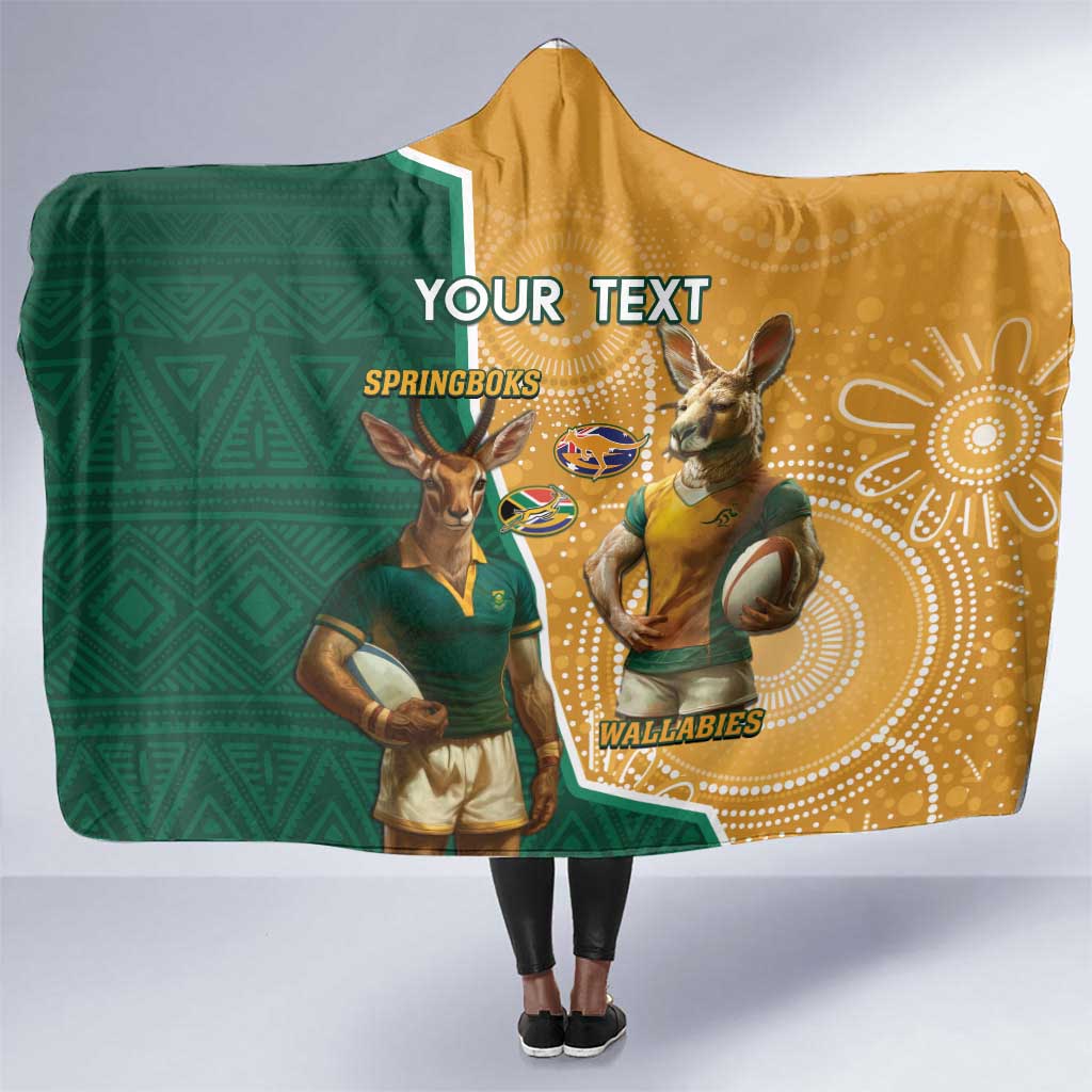 Personalised South Africa And Australia Rugby Hooded Blanket 2024 Springboks Wallabies Mascots Together