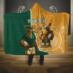 Personalised South Africa And Australia Rugby Hooded Blanket 2024 Springboks Wallabies Mascots Together