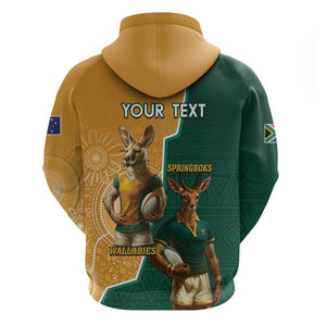 Personalised South Africa And Australia Rugby Hoodie 2024 Springboks Wallabies Mascots Together