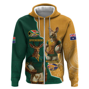 Personalised South Africa And Australia Rugby Hoodie 2024 Springboks Wallabies Mascots Together