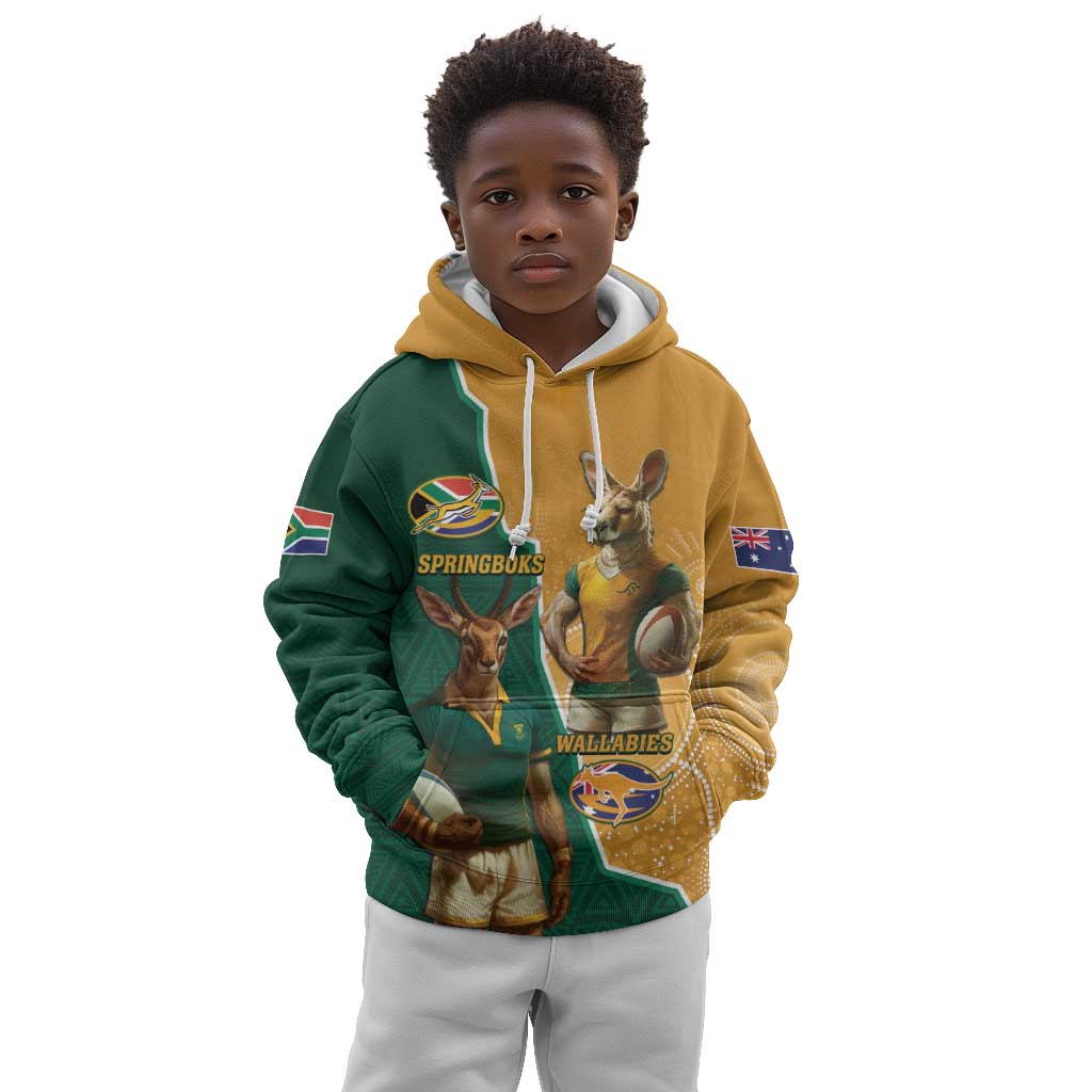 Personalised South Africa And Australia Rugby Kid Hoodie 2024 Springboks Wallabies Mascots Together