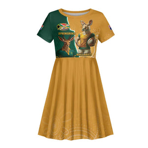 Personalised South Africa And Australia Rugby Kid Short Sleeve Dress 2024 Springboks Wallabies Mascots Together