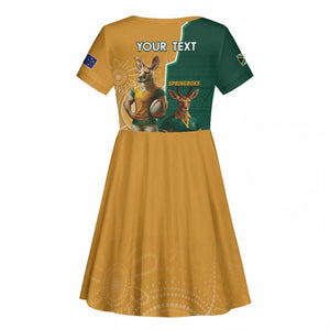 Personalised South Africa And Australia Rugby Kid Short Sleeve Dress 2024 Springboks Wallabies Mascots Together