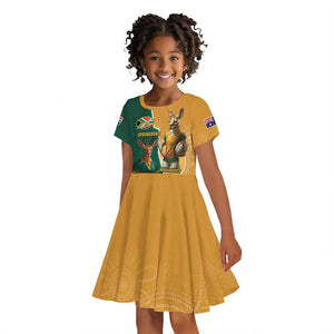 Personalised South Africa And Australia Rugby Kid Short Sleeve Dress 2024 Springboks Wallabies Mascots Together