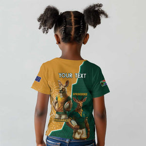 Personalised South Africa And Australia Rugby Kid T shirt 2024 Springboks Wallabies Mascots Together