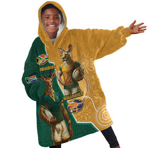 Personalised South Africa And Australia Rugby KId Wearable Blanket Hoodie 2024 Springboks Wallabies Mascots Together