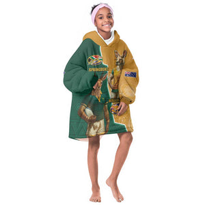 Personalised South Africa And Australia Rugby KId Wearable Blanket Hoodie 2024 Springboks Wallabies Mascots Together