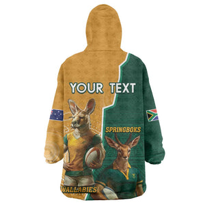 Personalised South Africa And Australia Rugby KId Wearable Blanket Hoodie 2024 Springboks Wallabies Mascots Together