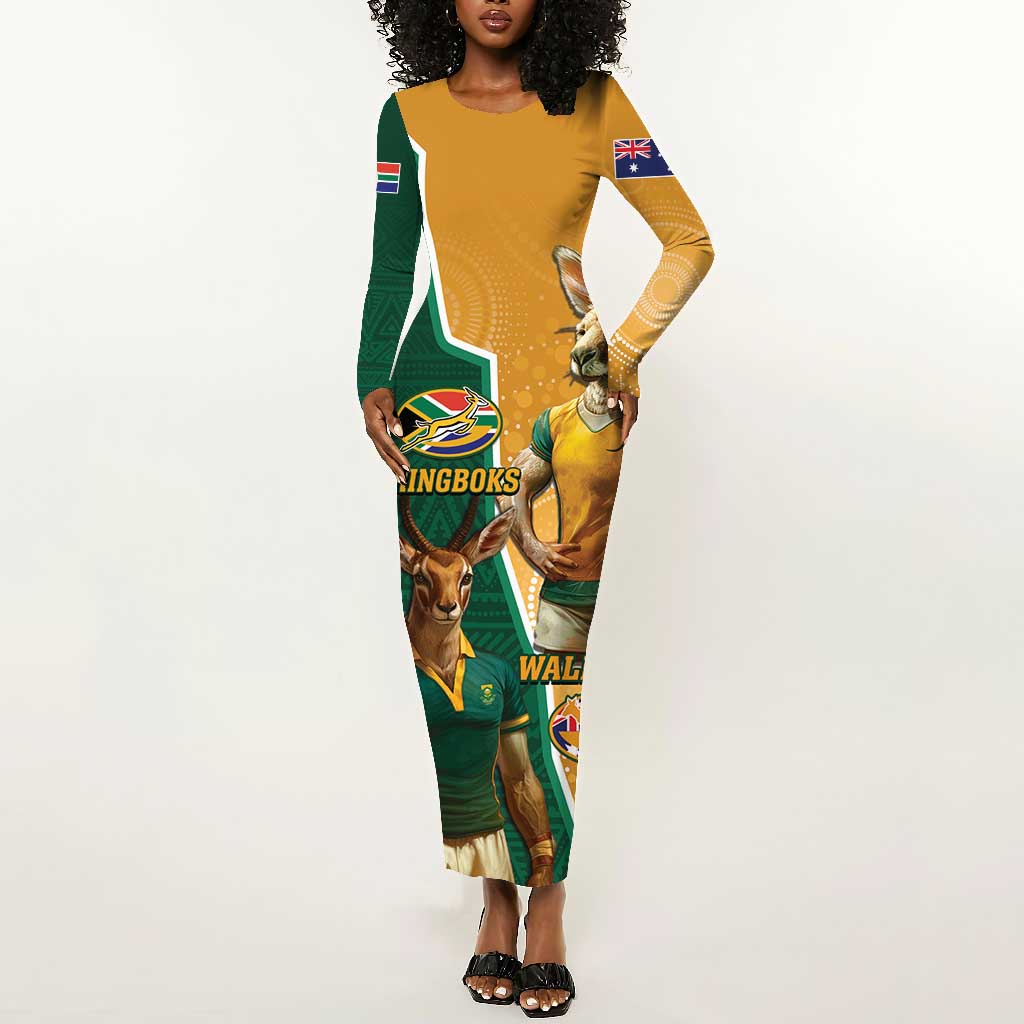 Personalised South Africa And Australia Rugby Long Sleeve Bodycon Dress 2024 Springboks Wallabies Mascots Together