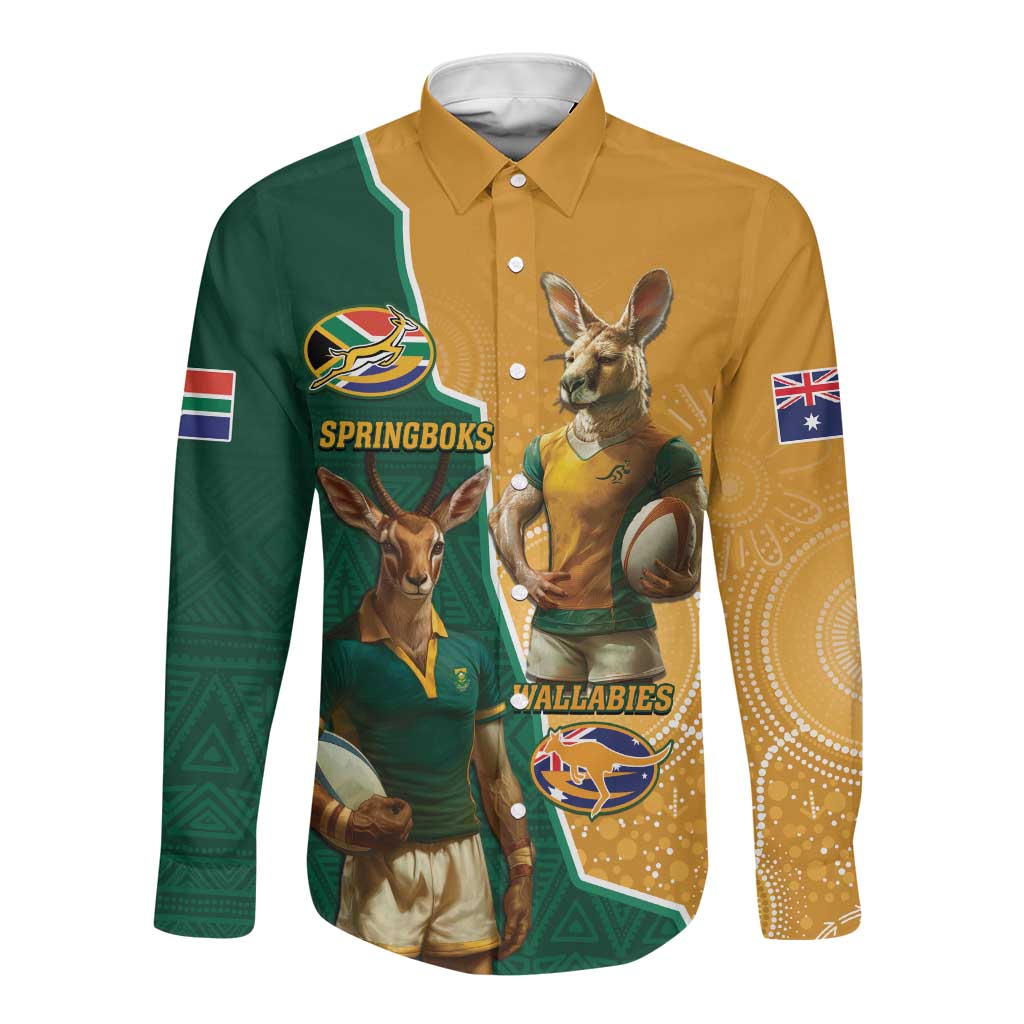 Personalised South Africa And Australia Rugby Long Sleeve Button Shirt 2024 Springboks Wallabies Mascots Together