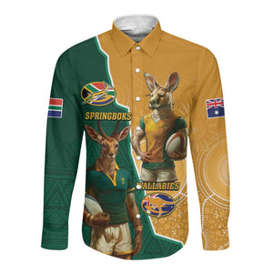 Personalised South Africa And Australia Rugby Long Sleeve Button Shirt 2024 Springboks Wallabies Mascots Together