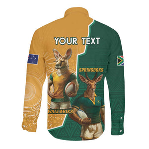 Personalised South Africa And Australia Rugby Long Sleeve Button Shirt 2024 Springboks Wallabies Mascots Together