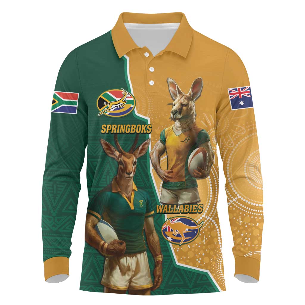 Personalised South Africa And Australia Rugby Long Sleeve Polo Shirt 2024 Springboks Wallabies Mascots Together