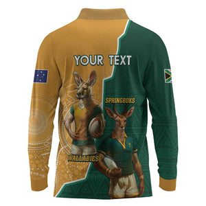 Personalised South Africa And Australia Rugby Long Sleeve Polo Shirt 2024 Springboks Wallabies Mascots Together