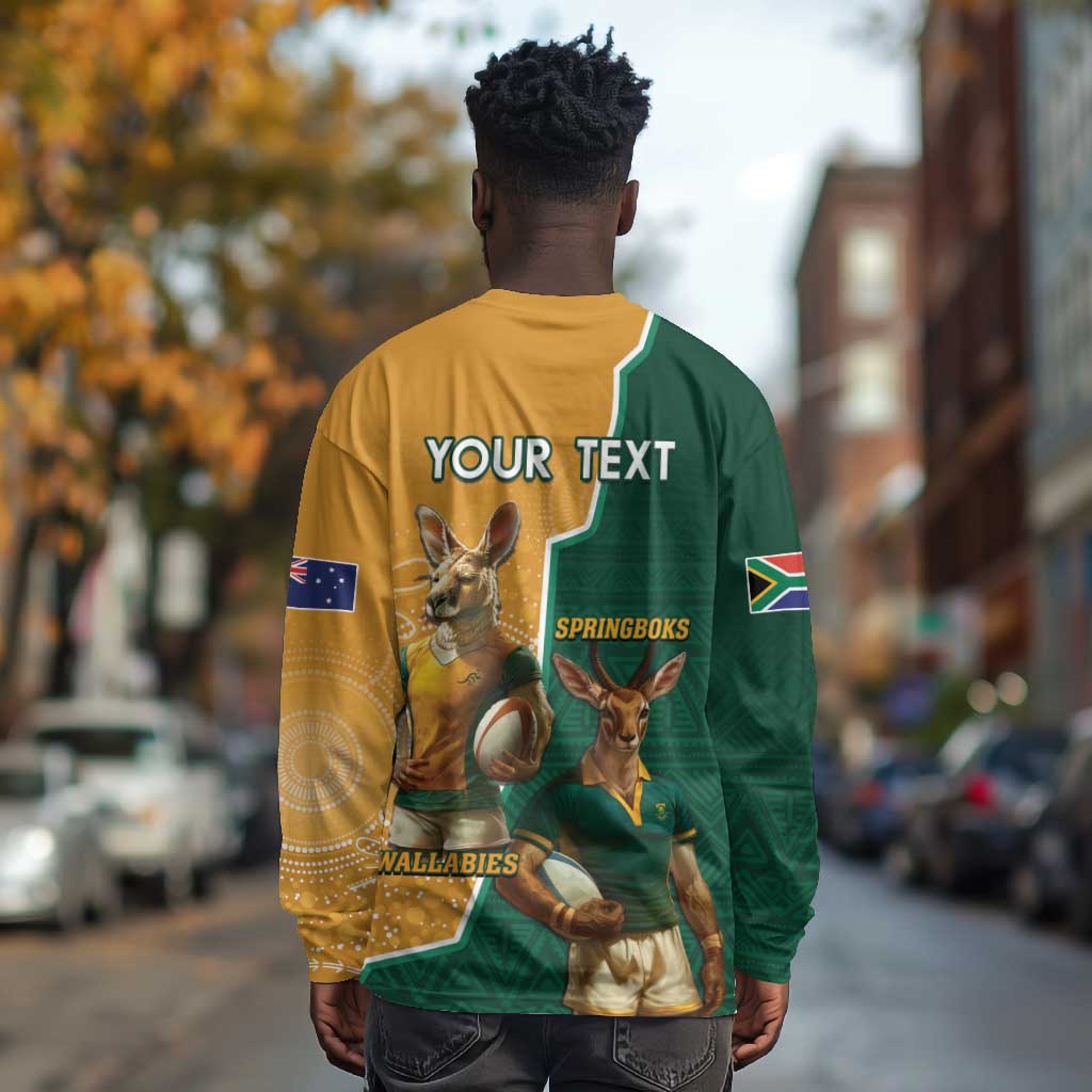 Personalised South Africa And Australia Rugby Long Sleeve Shirt 2024 Springboks Wallabies Mascots Together LT14