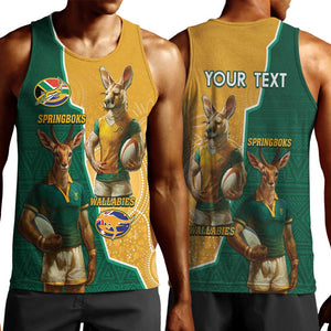 Personalised South Africa And Australia Rugby Men Tank Top 2024 Springboks Wallabies Mascots Together