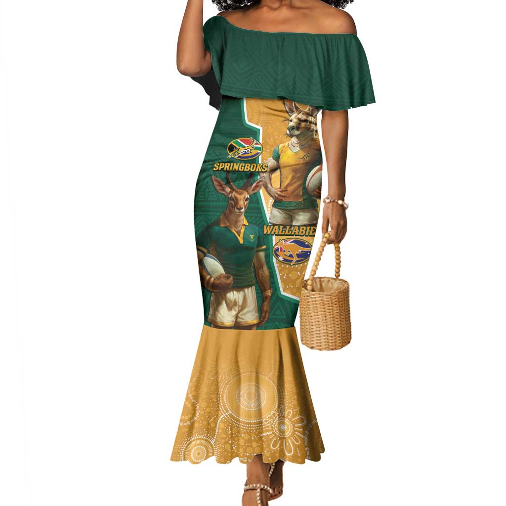 Personalised South Africa And Australia Rugby Mermaid Dress 2024 Springboks Wallabies Mascots Together