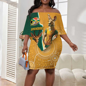 Personalised South Africa And Australia Rugby Off Shoulder Short Dress 2024 Springboks Wallabies Mascots Together LT14