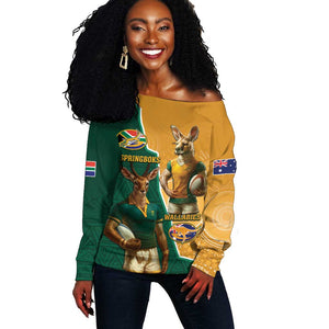 Personalised South Africa And Australia Rugby Off Shoulder Sweater 2024 Springboks Wallabies Mascots Together