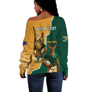 Personalised South Africa And Australia Rugby Off Shoulder Sweater 2024 Springboks Wallabies Mascots Together