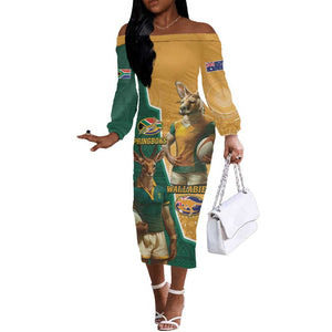 Personalised South Africa And Australia Rugby Off The Shoulder Long Sleeve Dress 2024 Springboks Wallabies Mascots Together