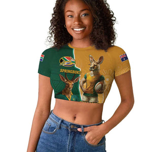 Personalised South Africa And Australia Rugby Raglan Cropped T shirt 2024 Springboks Wallabies Mascots Together