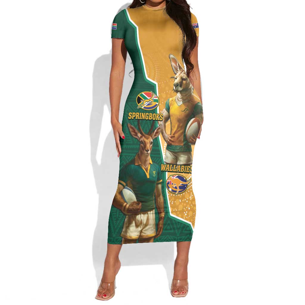 Personalised South Africa And Australia Rugby Short Sleeve Bodycon Dress 2024 Springboks Wallabies Mascots Together